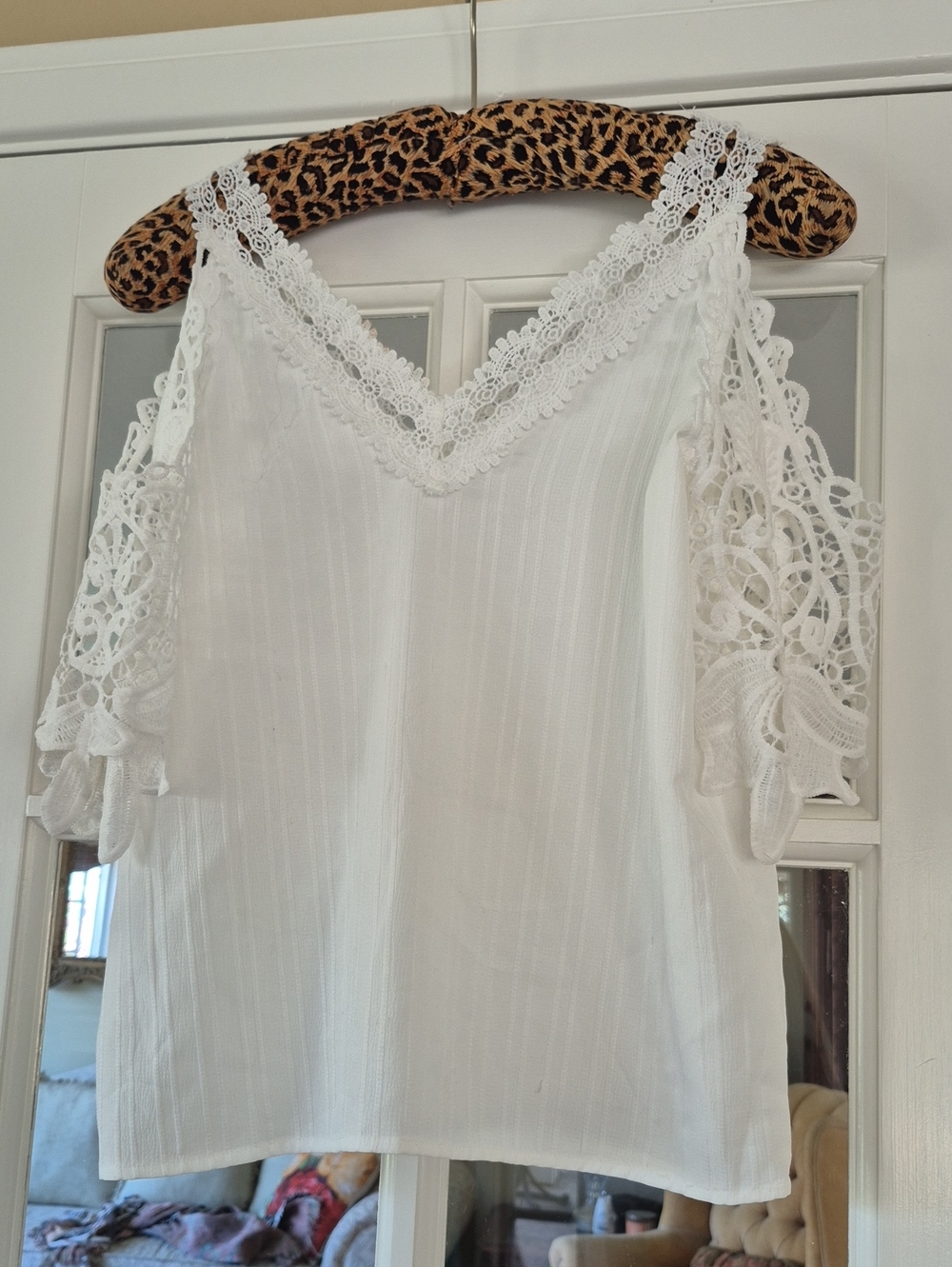 White Lace-Trim V-Neck Women's Blouse